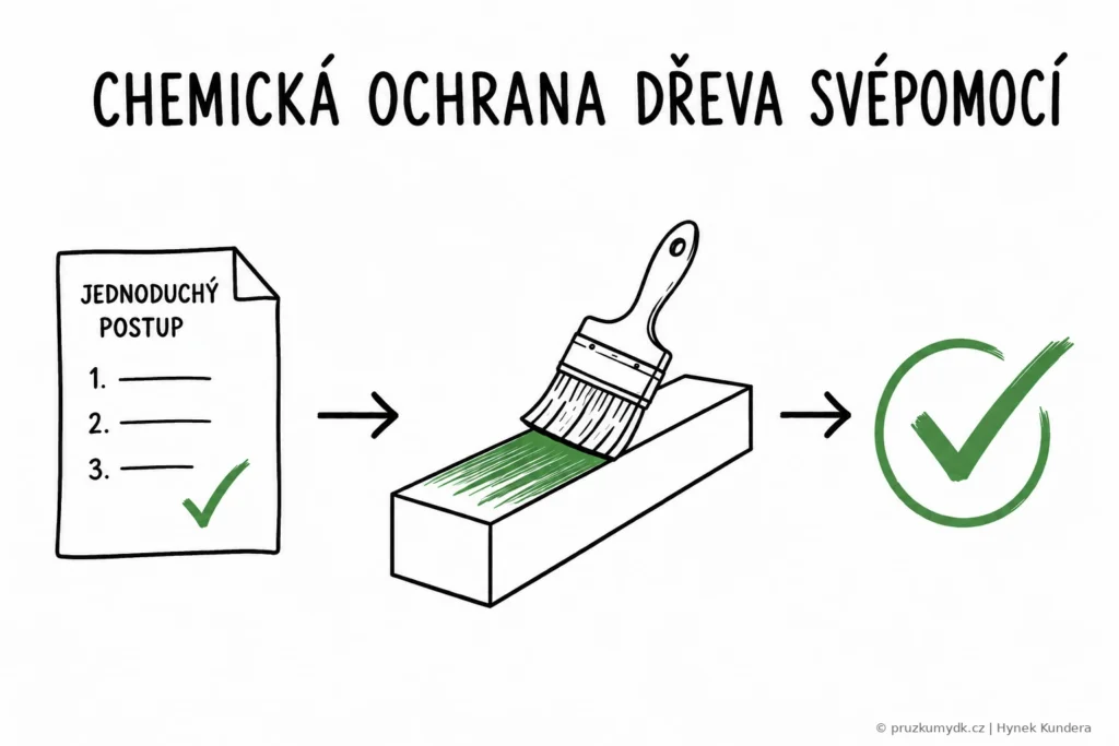 Ilustrace: jednoduchý postup, štětec natírající trám a velká zelená fajfka