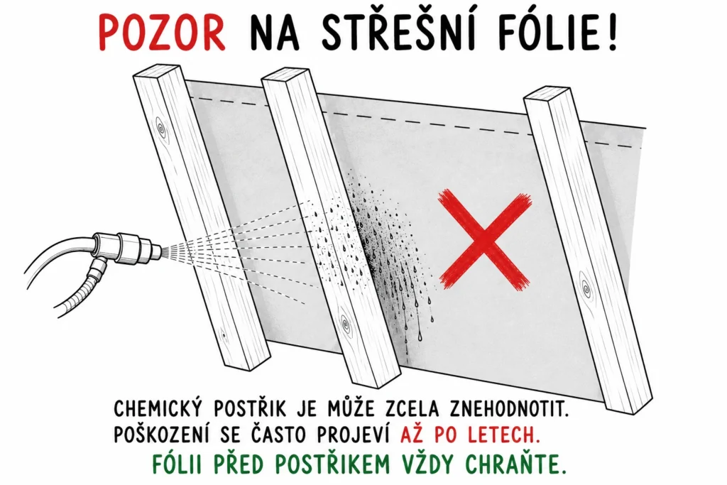 Postřik krovu zasahuje střešní fólii, kterou může chemický přípravek znehodnotit. Fólii před postřikem vždy chraňte.