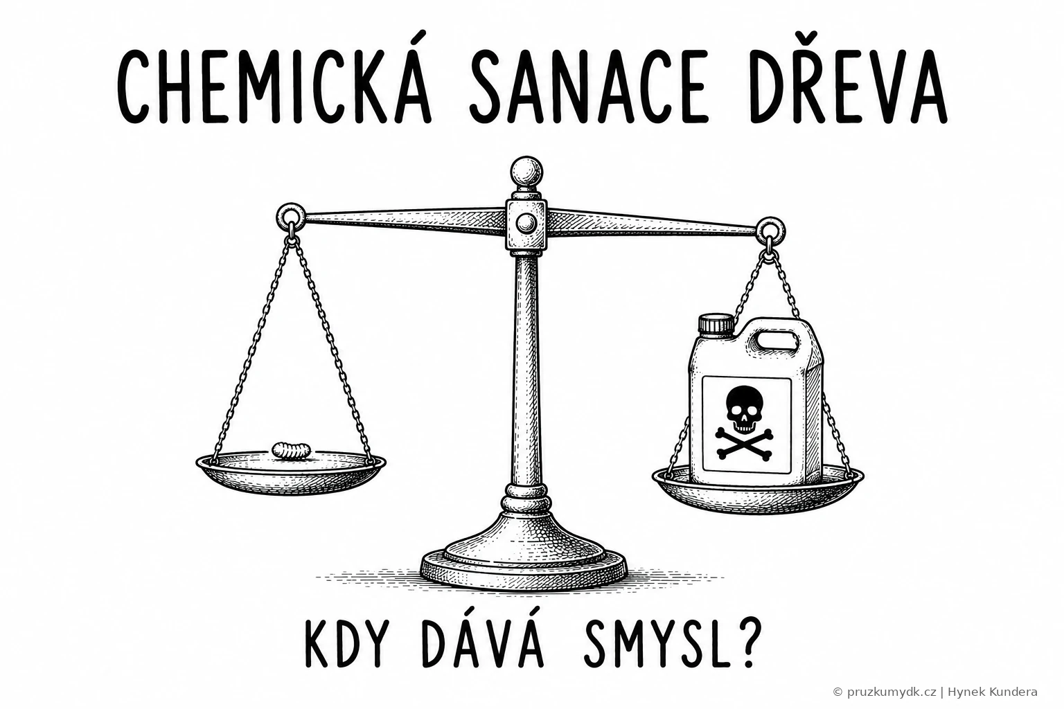 Ilustrace: váhy s drobnou larvou na jedné misce a kanystrem s chemickým přípravkem na druhé