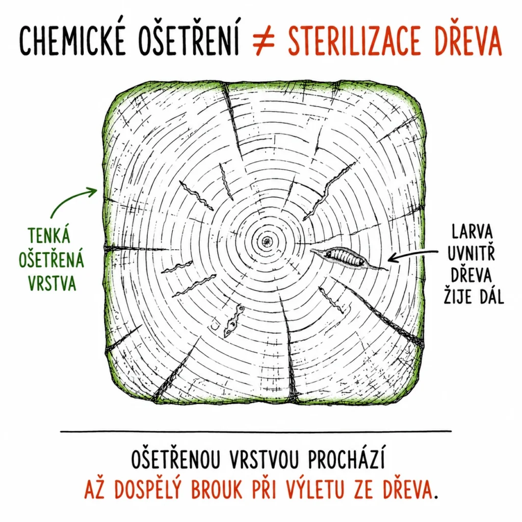 Průřez trámem s tenkou ošetřenou vrstvou a larvou, která uvnitř dřeva žije dál: chemické ošetření není sterilizace dřeva