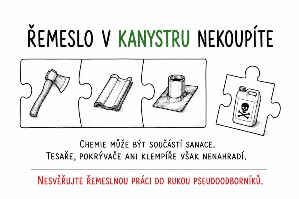 Skládačka ze sekery, tašky a oplechování komínu, kanystr chemie stranou. Chemie tesaře, pokrývače ani klempíře nenahradí.