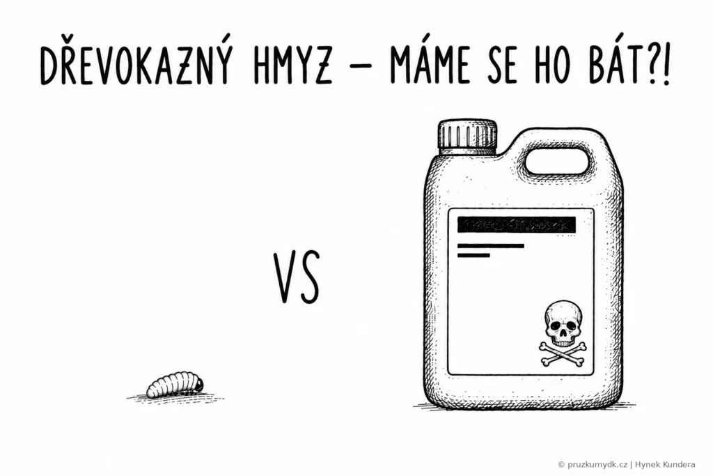Ilustrace: drobná larva dřevokazného hmyzu proti velkému kanystru s chemickým přípravkem