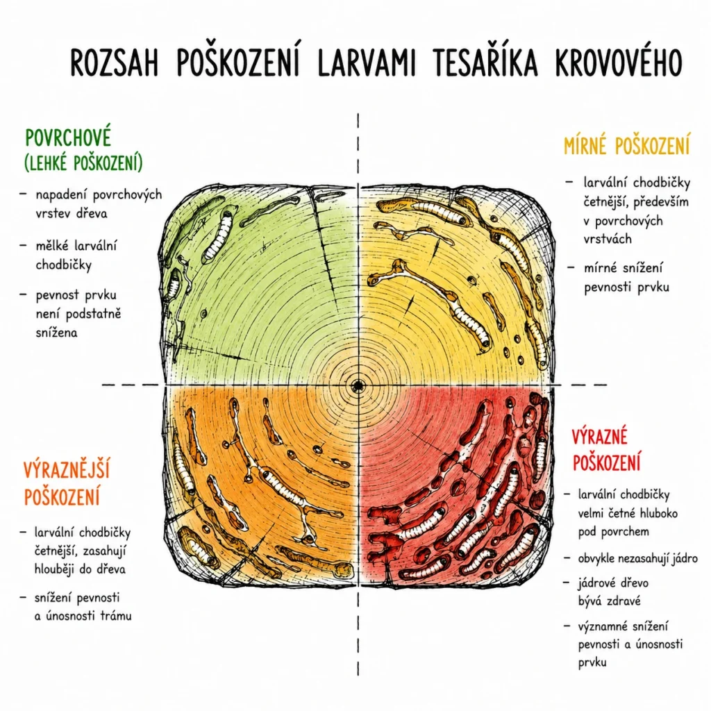 Průřez trámem ve čtyřech stupních poškození larvami tesaříka krovového, od povrchového po výrazné poškození se zdravým jádrem