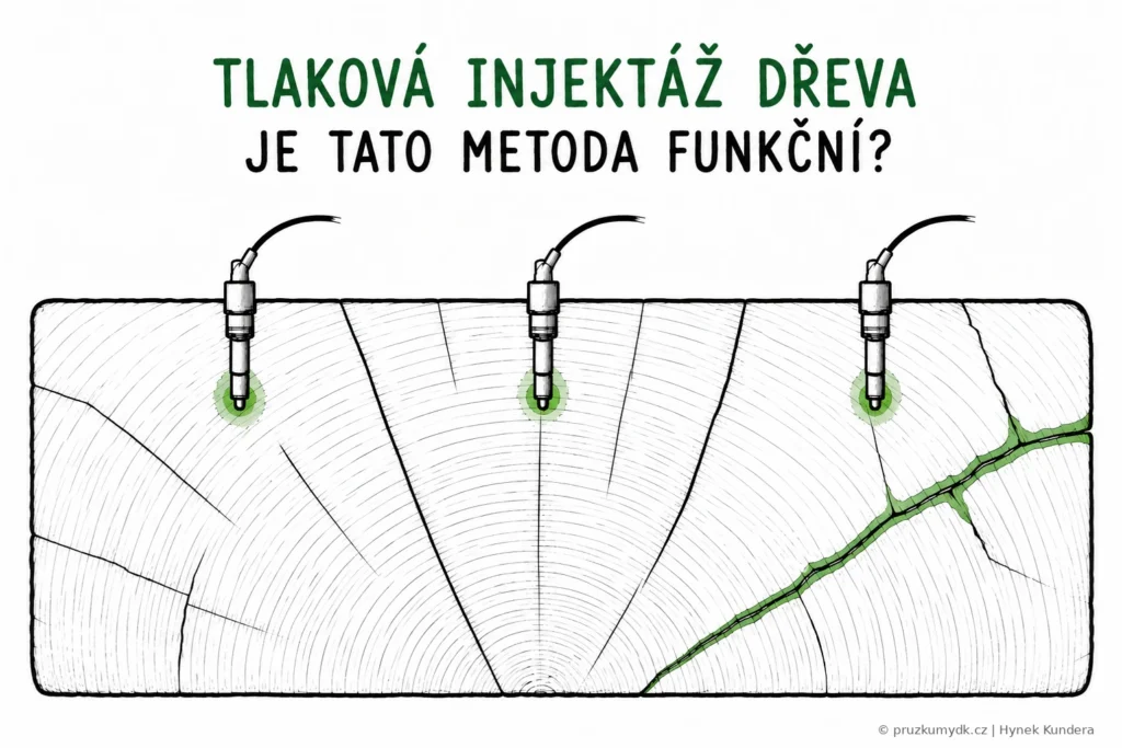 Ilustrace: trám se třemi injektážními pakry, přípravek proniká jen do jejich okolí a do výsušné trhliny