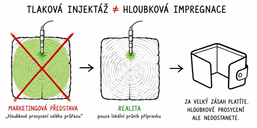 Tlaková injektáž není hloubková impregnace: marketingová představa prosycení celého průřezu proti realitě lokálního průniku